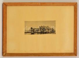 Boldizsár István (1897-1984): Ház a vízparton, rézkarc, papír, jelzett, üvegezett fa keretben, 10×22,5 cm