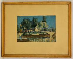 Nyári Lóránt (1928-1982): Vízpart, színezett rézkarc, papír, jelzett, üvegezett fa keretben, 19,5×29 cm