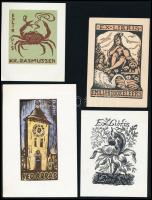 9 db különféle technikájú részben jelzett külföldi ex libris / 9 worldwide ex libris bookplates. Dif...