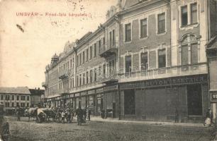 Ungvár, Uzshorod, Uzhhorod, Uzhorod; Fried-féle bérpalota, Hirsch és Stark bútor raktára, Groszman Náthánné, Moskovits, Spiegel üzlete. Steinfeld Dezső kiadása / Fried tenement house, furniture store, shops (EK)