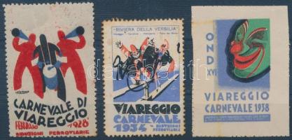 Olaszország 1928-1938 3 db klf Viareggio karnevál levélzáró (rozsdás, törött)