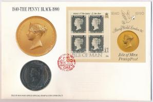 Man-sziget 1990. 1C Penny Black érmés borítékon elsőnapi bélyegzős bélyegblokkal, ismertetővel T:1 Isle of Man 1990. 1 Crown Penny Black coin letter with first day of issue stamp C:UNC