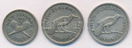 Új-Zéland 1937. 3p Ag + 6p Ag + 1944. 6p Ag "VI. György" T:2 New Zealand 1937. 3 Pence Ag + 6 Pence Ag + 1944. 6 Pence Ag "George VI" C:XF