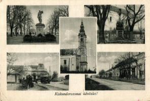 Kiskundorozsma, Hősök szobra, templom, autóbusz, Hangya üzlet (EK)