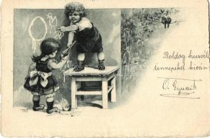 Boldog Húsvéti Ünnepeket! / Easter greeting card, children painting on walls (EK)