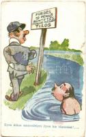 Fürdés 10 pengő büntetés terhe mellett tilos. Ilyen átkos szenvedélyre ilyen kis büntetést! / Hungarian humorous postcard (EK)