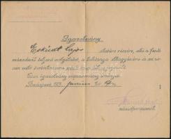 1919 a telefon és távíró század vörös vasas hadosztály igazolványa Eskütt Lajos (1896-1957), később Nagyatádi Szabó István titkára, az Eskütt-féle panamaügy főszereplője részére