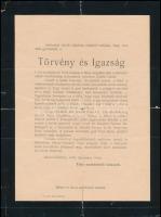 1904 A Magyar Országgyűlésben az ellenzék jogait megcsonkító zsebkendőszavazás ellen tiltakozó, a törvény és igazság halálhírét bejelentő tréfás hirdetmény. Marosvásárhelyen kiadva, hajtásnál szakadt, 23x29 cm