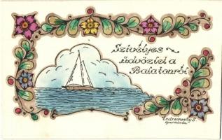 Balaton, kézzel festett képeslap, s: Andreánszky S. iparművész
