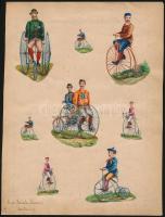 cca 1900 Velocipédeket, tricikliket ábrázoló litho matricák papírlapon, 8 db