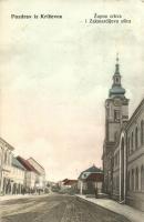 Kőrös, Krizevci, Kreuz; Zupna crkva i Zakmardijeva ulica. Naklada Ignaca Hirsla / Plébániatemplom, utcakép / parish church, street view (EK)