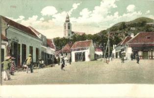 Szilágysomlyó, Simleu Silvaniei; Fő tér, Római katolikus templom, Kovács Sámuel, Nagy Sándor, Verecz, Schupiter János üzlete, létra. Heimlich K. kiadása / main square, Roman Catholic church, shops, ladder