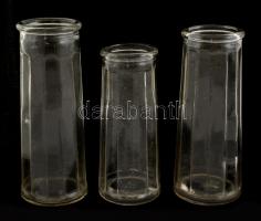 3 db régi befőttes üveg, csorbákkal, m: 14,5 és 16,5 cm között