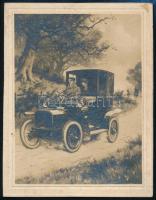 cca 1901 Automobile-ról készült festmény fotója, fotó kartonon, a hátoldalán feliratozva, 9x7 cm