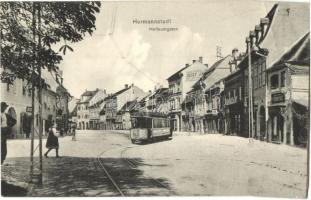 1909 Nagyszeben, Hermannstadt, Sibiu; Disznódi utca, Bunyevácz F. V. cukrászdája, üzletek, villamos / Heltauergasse / street view with shops, confectionery and tram (hátoldalon leragasztás / gluing on the backside)