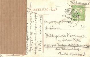 1909 Nagyszeben, Hermannstadt, Sibiu; Disznódi utca, Bunyevácz F. V. cukrászdája, üzletek, villamos ...