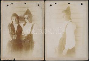 cca 1900 Népviseletes lány fotója, 3 db keményhátú fotó, sérültek, 16x10 cm és 18x13 cm közötti méretben
