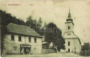 1915 Kapnikbánya, Cavnic; Fő tér, templom, koporsó szemfedő raktár, Pusztay Gyula Magyar Áruház üzlete és saját kiadása / main square, church, Hungarian shop, coffin shop (EK)