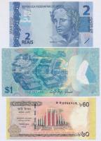 Vegyes: Brazília 2010. 2R + Brunei 2013. 1$ + Bangladesh 2011. 60T emlékbankjegy "60 éves a Nye...