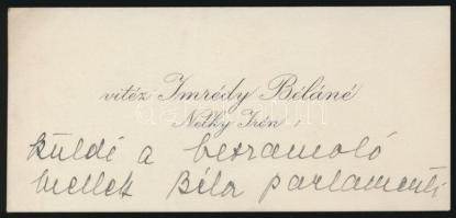 vitéz Imrédy Béláné Nelky Irén (1892-1980) névjegykártyája, saját kezű soraival