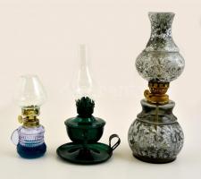 3 db petróleum lámpa, üveg és fém, jó állapotban, m: 15 és 26 cm között