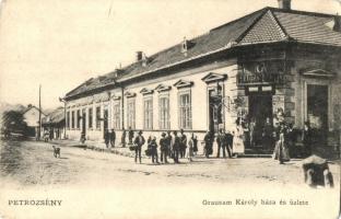 Petrozsény, Petrosani; Grausam Károly háza és üzlete, bor és sörcsarnoka. Grausam Károly saját kiadása / publisher's shop front and beer hall (kopott sarkak / worn corners)