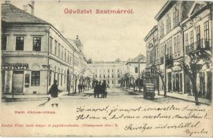 1901 Szatmárnémeti, Szatmár, Satu Mare; Ham János utca, Szatmári Asztalosok bútortelepe, Gyógyszertár, üzletek. Kiadja Weisz Izsák / street view, carpenters' furniture workshop and store, pharmacy, shops (fl)