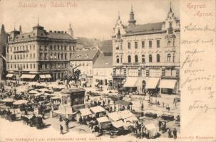 1901 Zagreb, Agram; Jelacicev trg. / square with market, monument, shops of Adolf Bondy, F. Rudovits, Miroslav Bachrach, Ivan Kunst