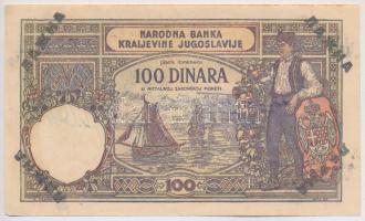 Jugoszlávia 1929. 100D korabeli hamis bankjegy, lefoglalásról szóló bélyegzéssel T:I- Yugoslavia 1929. 100 Dinara contemporary fake with overprint about confiscation C:AU