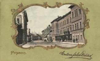 1908 Pozsony, Pressburg, Bratislava; utcakép, állami felsőbb leányiskola / street view with girl school. Art Nouveau, Emb.