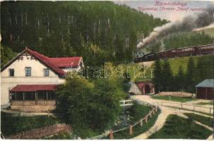 Körmöcbánya, Kremnitz, Kremnica; Zólyomvölgy, Ferenc József nyaraló, gőzmozdony. Ritter Sándor kiadása / Zvolenska dolina, villa, locomotive (EK)