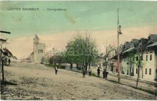 Szepesszombat, Georgenberg, Spisská Sobota; Fő tér, templom, utcakép. Kiadó Ifj. Kirner Károly / main square, church, street view (EK)