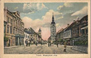 Nagyszombat, Tyrnau, Trnava; Masaryková ulica / utcakép, üzletek, templom. G. Jilovsky kiadása / street view, shops, church (EK)