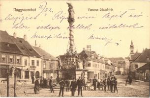 Nagyszombat, Tyrnau, Trnava; Ferenc József tér, Szentháromság szobor, Gyógyszertár, üzletek / square, Trinity statue, pharmacy, shops