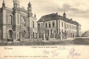 Zólyom, Zvolen; Polgári iskola és zsidó templom, Zsinagóga. Kiadó: Özv. Löwy Samuné / school, synagogue