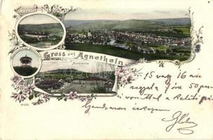 1905 Szentágota, Agnetheln, Agnita; Piac tér, bőrgyár, kilátó a hegyen / market square, leather factory, look out tower on Steinburgshöh (EK)