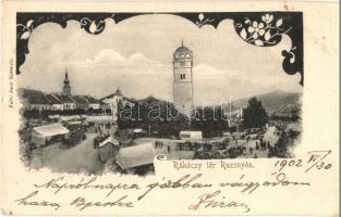 1902 Rozsnyó, Roznava; Rákóczi tér, torony. Falvi Jenő kiadása / square with tower, Art Nouveau