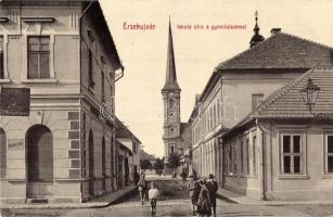 1910 Érsekújvár, Nové Zámky; iskola utca, Gimnázium, templom, H. Alajos mészáros, Dreher sör. W.L. Bp. 441. / street view with grammar school, butcher (EK)