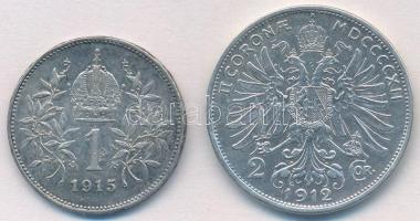 Ausztria 1915. 1K Ag + 1912. 2K Ag "Ferenc József" T:1-,2 ph., patina 
Austria 1915. 1 Co...
