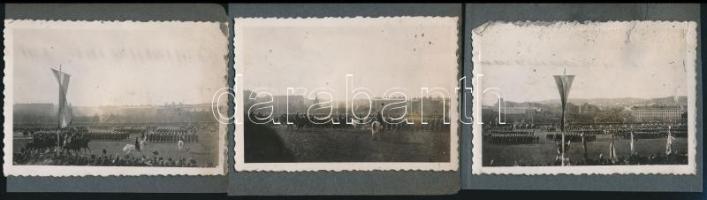 cca 1930 Katonai díszszemle a Vérmezőn, Horthy Miklós tiszteletére, 3 db fotó, albumlapra ragasztva, sérülésekkel, 6×8,5 cm