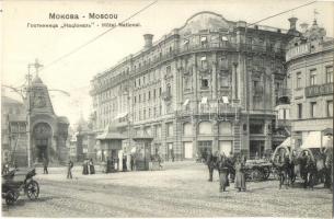 Moscow, Moscou; Hotel National, street view with shops and horse carts