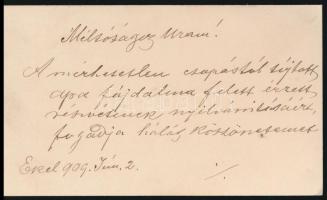 1909 A felvidéki Ekel község földbirtokosának, Gáborjáni Szentmiklóssy Somának névjegye részvétnyilv...