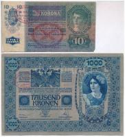 1902. 1000K + 1915. 10K mindkettő hamis A Magyarországi Tanácsköztársaság követsége - Bécs felülbélyegzéssel (fake overprint) T:III