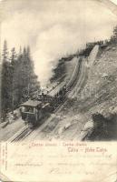 Tátra, Tatry; Csorbatói fogaskerekű vasútállomás, gőzmozdony / Csorber See Zahnradbahn / Strbské Pleso cogwheel railway station with locomotive (fa)