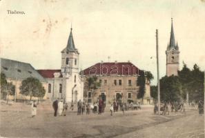 Técső, Tiacevo, Tiachiv; Fő tér, Református templom, Római katolikus templom. Szabó Leopold kiadása / main square, Calvinist church, Roman Catholic church (EK)