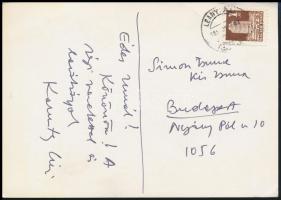 1981 Karinthy Ferenc (1921-1992) író aláírása és saját kézzel írt sorai képeslapon