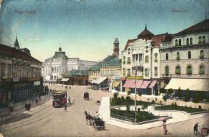 1913 Nagyvárad, Oradea; Bémer tér, villamos, Pannónia szálloda, Neumann M. üzlete / square, tram, shops, hotel (kopott sarok / worn corner)