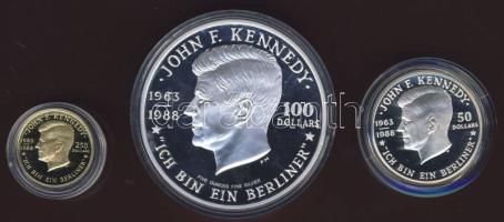 Niue 1988. 50$ "Kennedy" Ag 28,28g + 100$ "Kennedy" Ag 155,5175 ! Extrém nagyméret! Csak 3000db! + 250$ "Kennedy" Au 10g Csak 5000db! T:PP plüss díszdobozban, tanusítvánnyal!