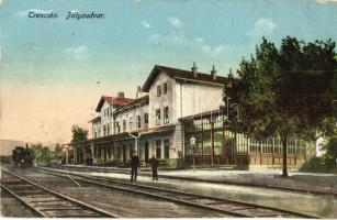 Trencsén, Trencín; vasútállomás, gőzmozdony / Bahnhof / railway station, locomotive