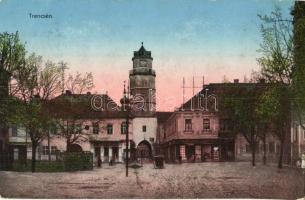 1914 Trencsén, Trencín; Torony utca, Várostorony, Klein Béla üzlete / street view with tower, shop